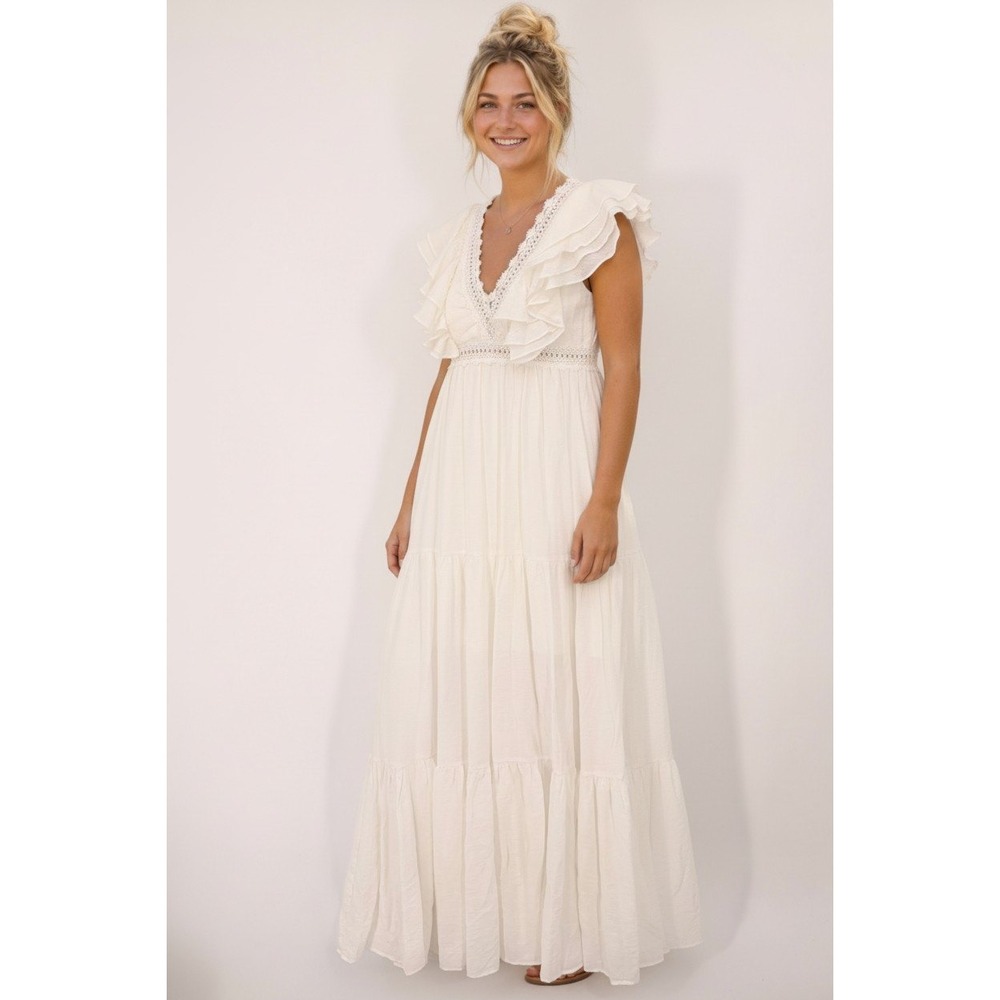 Aura Red Dress Ivory Maxi Dress Womens Large Ruffle Lace Trim Boho Bridal Tiered